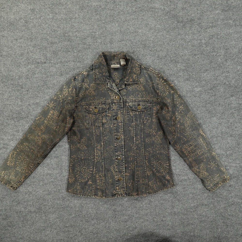 Chico's Jacket Womens Size 1 Black Bronze Etched Tribal Pattern Denim Style